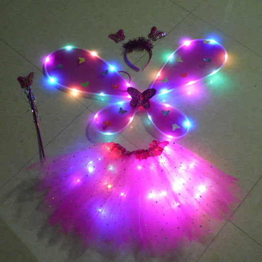 "Enchanting Three-Piece Set of Illuminated Fairy Wings with Wand"